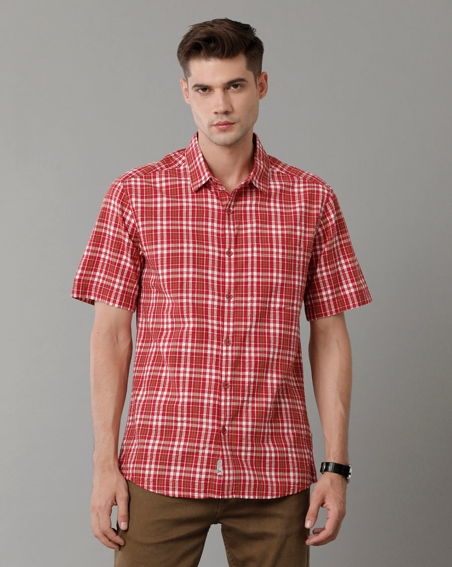 Voi Jeans Mens Red Checks Slim Fit Shirt