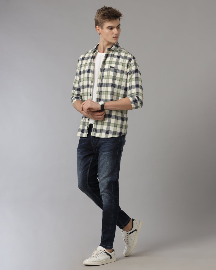 Men's Olive Checked Slim Fit Casual Shirt