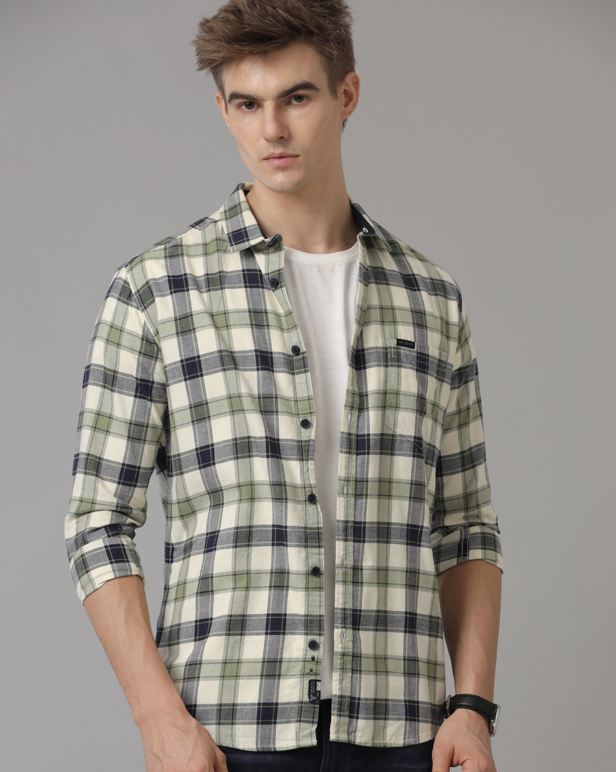 Men's Olive Checked Slim Fit Casual Shirt