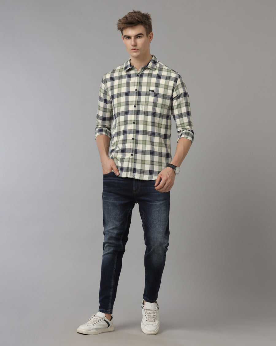 Men's Olive Checked Slim Fit Casual Shirt