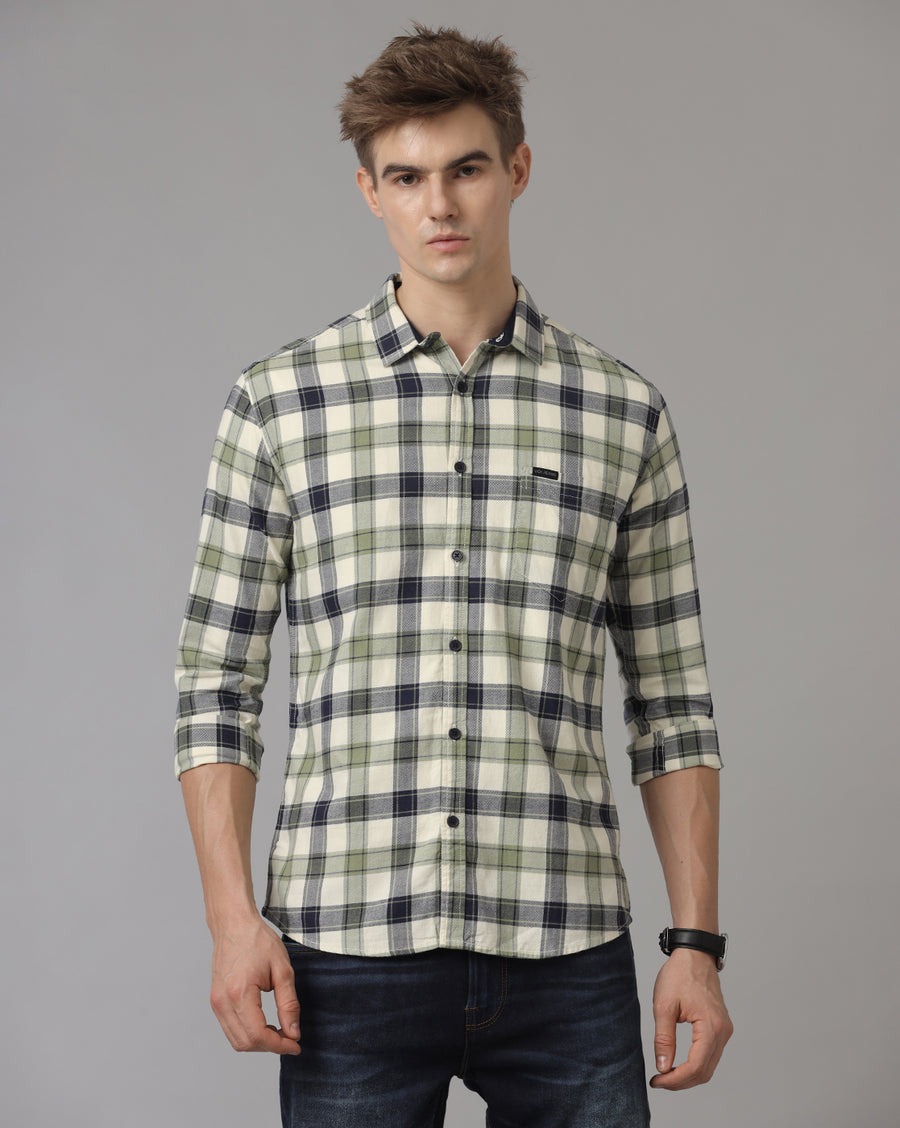 Men's Olive Checked Slim Fit Casual Shirt