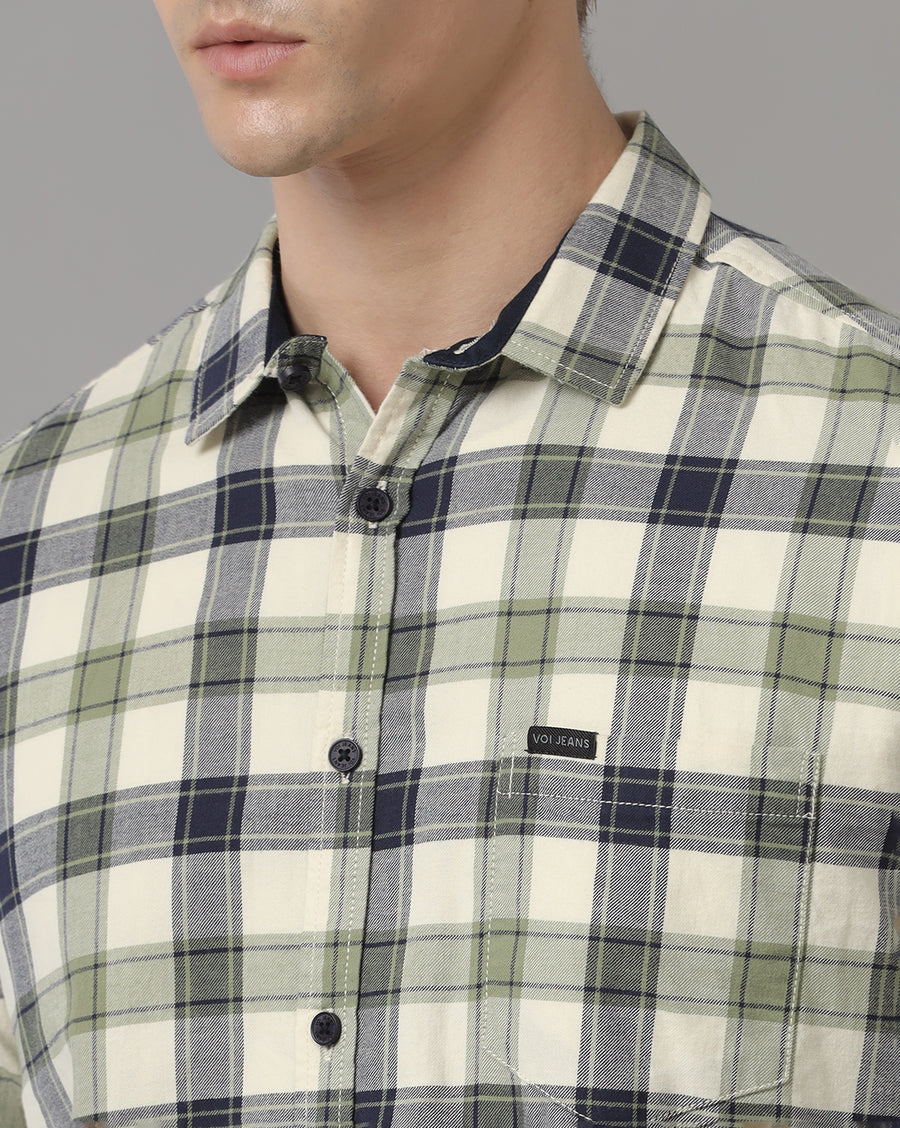 Men's Olive Checked Slim Fit Casual Shirt