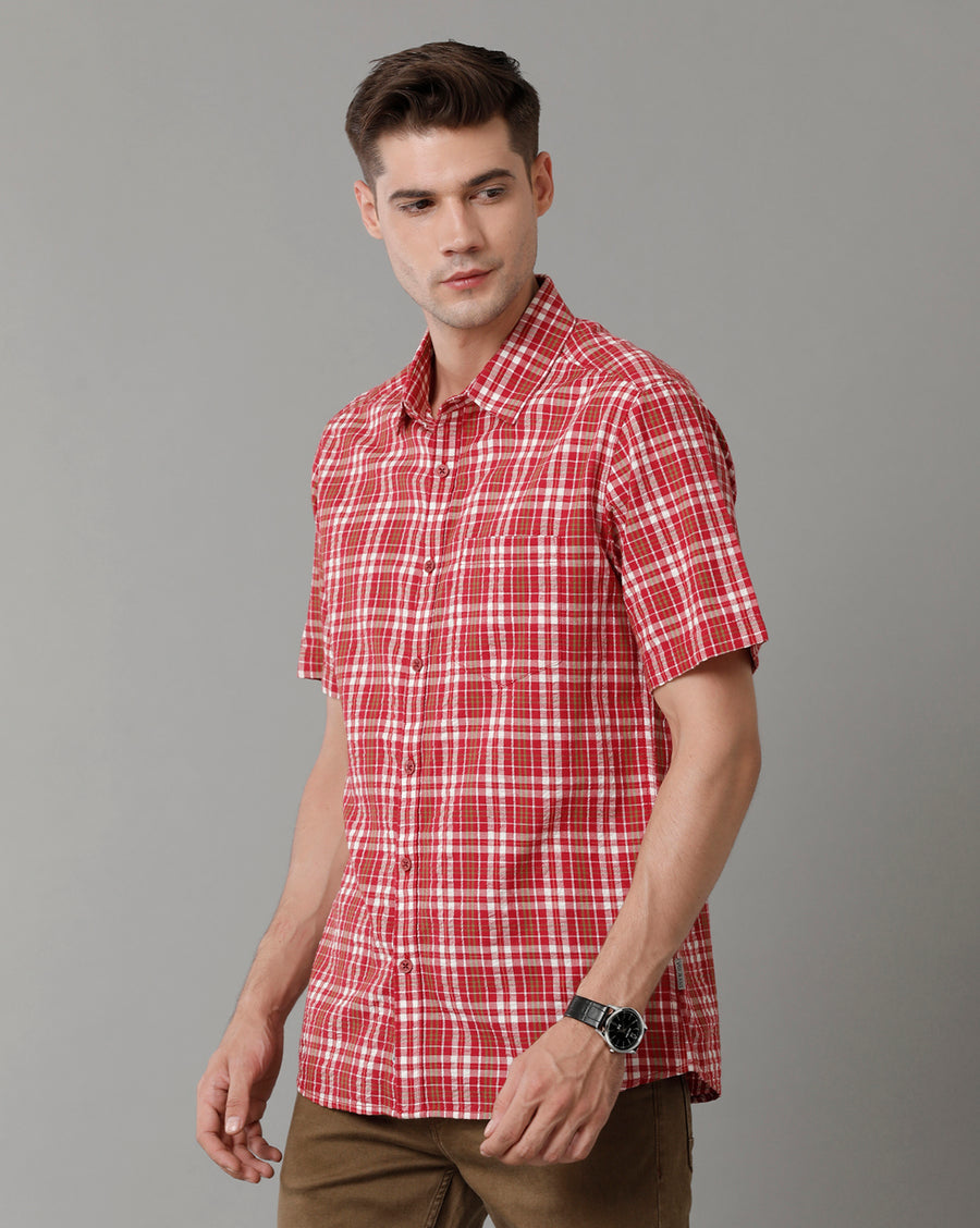 Voi Jeans Mens Red Checks Slim Fit Shirt