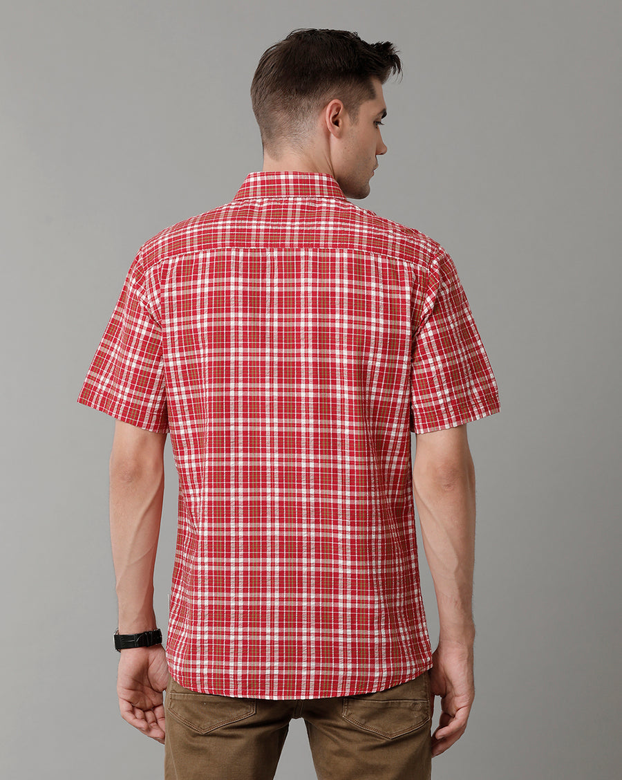 Voi Jeans Mens Red Checks Slim Fit Shirt