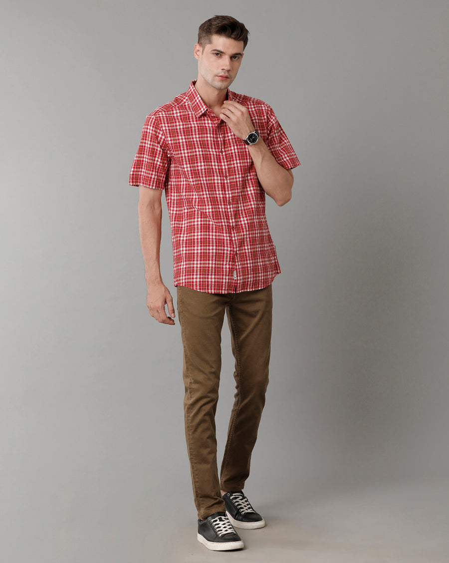 Voi Jeans Mens Red Checks Slim Fit Shirt