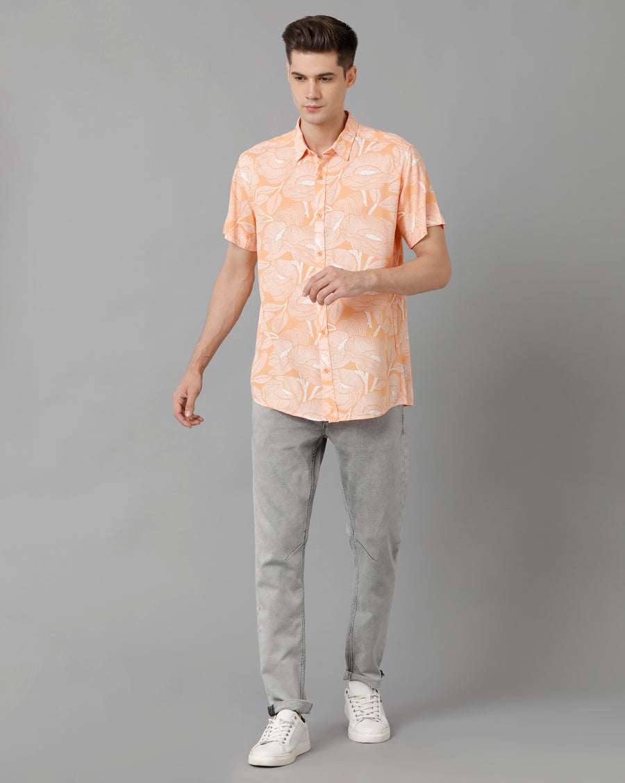 Men's Orange White Slim Fit Shirt