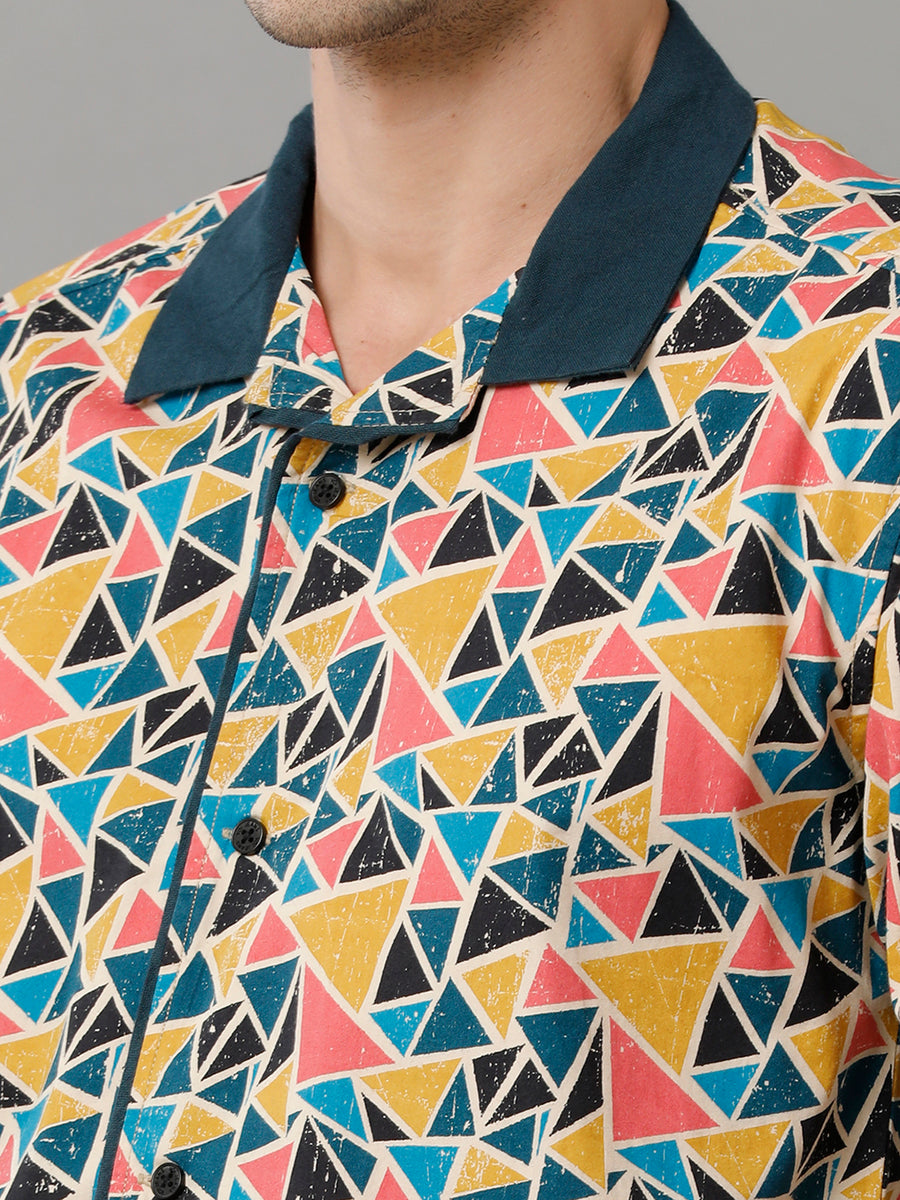 Nightwear - Geometric Printed Cutaway Collar Short Sleeves Cotton Casual Shirt