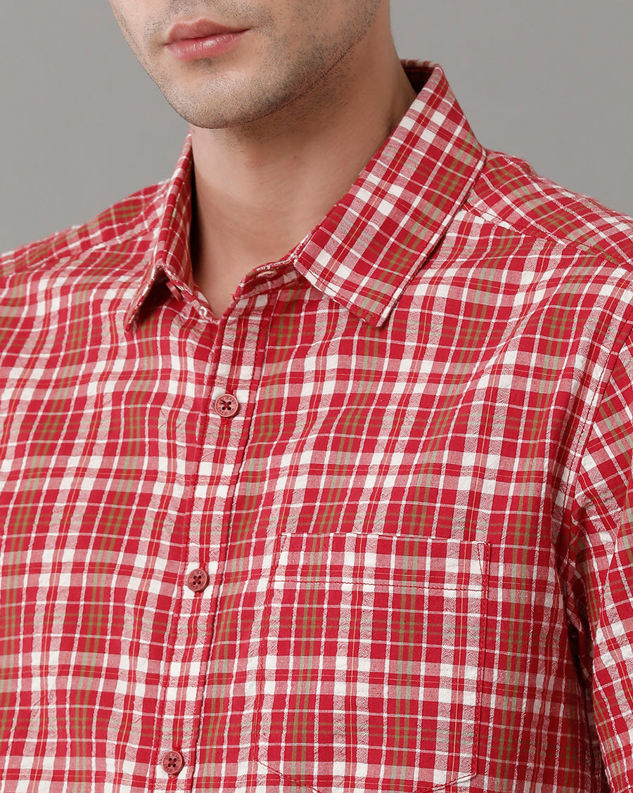 Voi Jeans Mens Red Checks Slim Fit Shirt