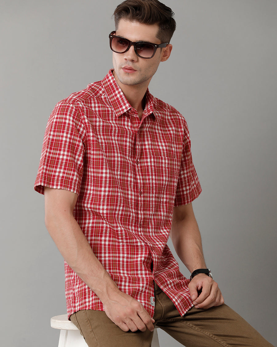 Voi Jeans Mens Red Checks Slim Fit Shirt