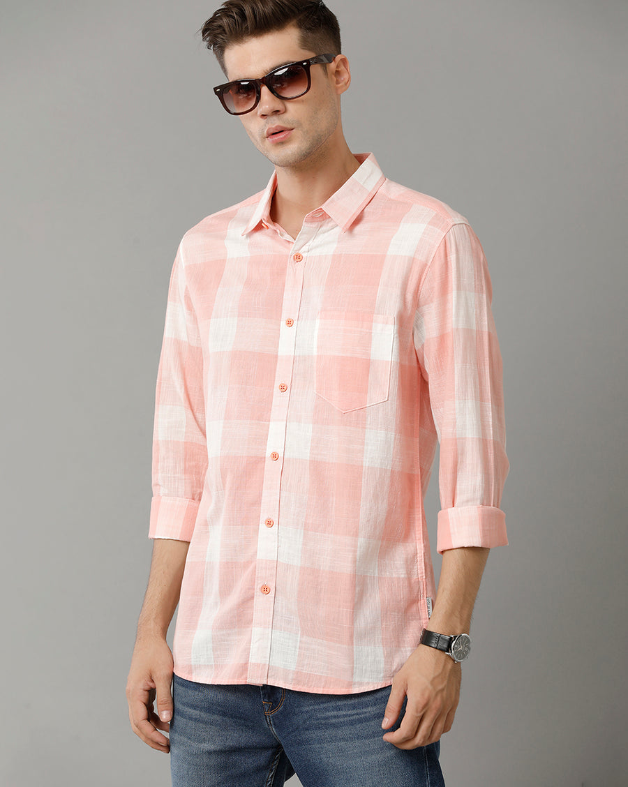 Voi Jeans Mens Pink Checks Slim Fit Shirt