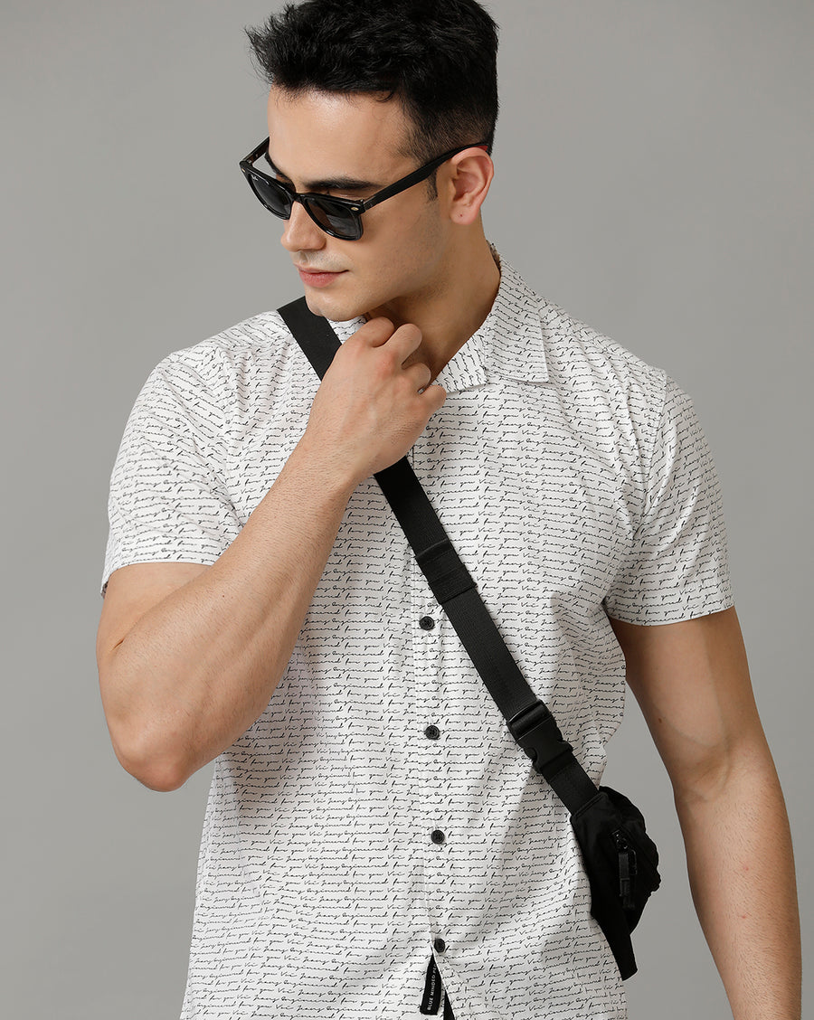 Men's White Black Half sleeve cotton shirt