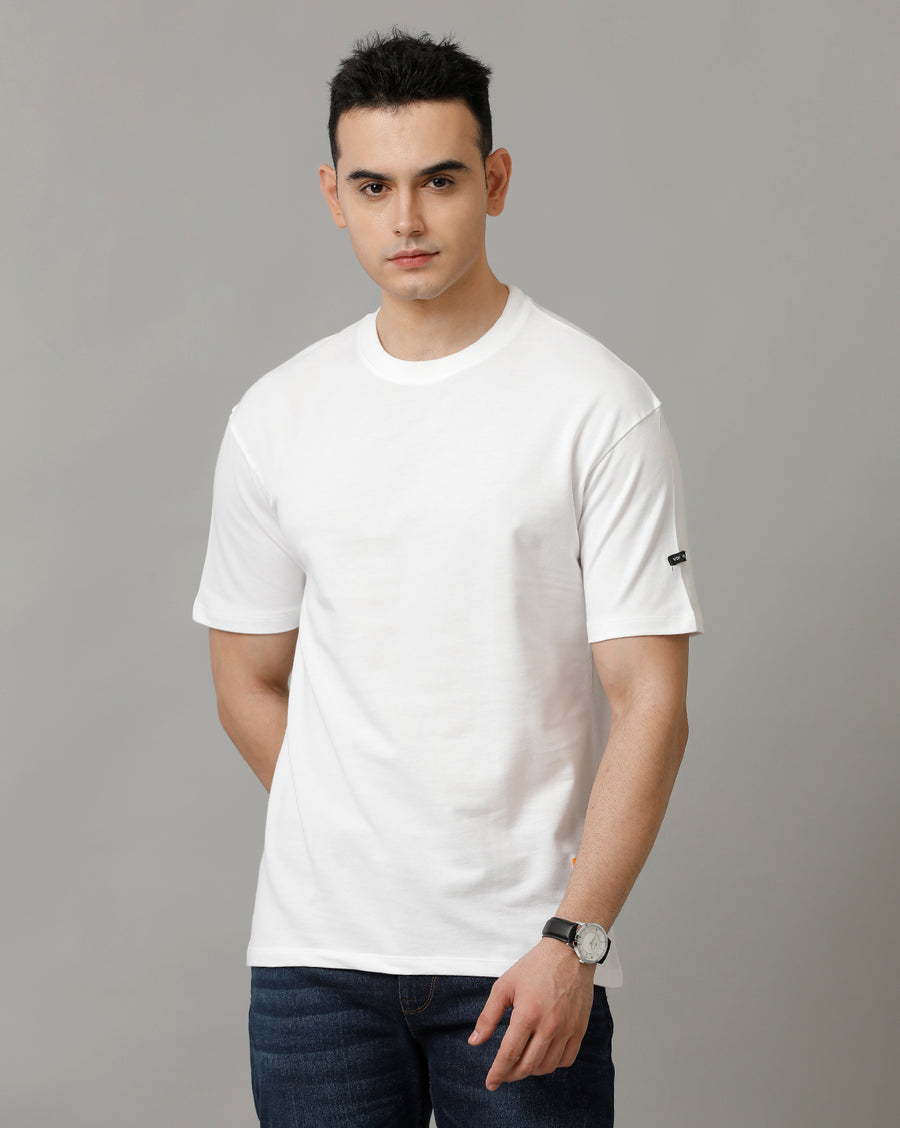 Men's White Boxy Fit Half Sleeve Cotton T Shirt