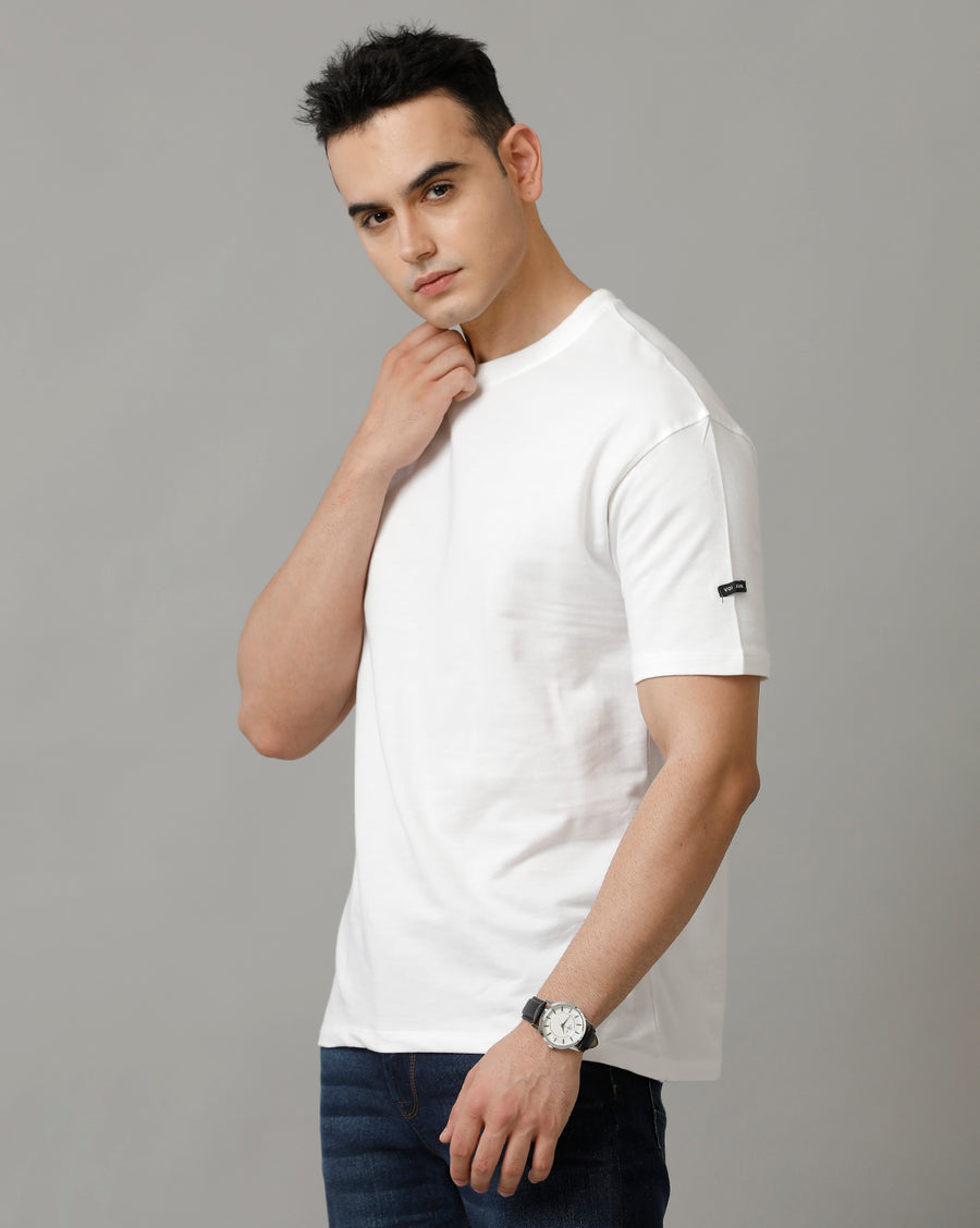 Men's White Boxy Fit Half Sleeve Cotton T Shirt