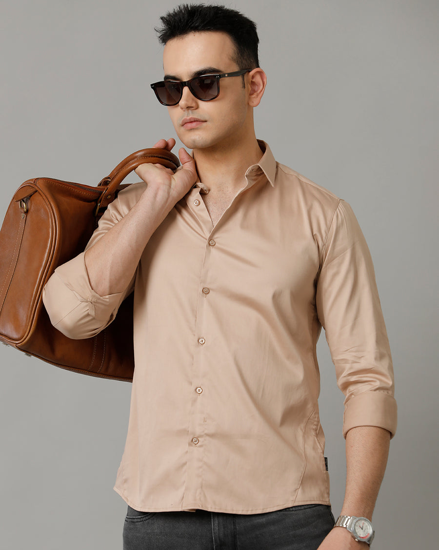 Voi Jeans Mens Beige Slim Fit Shirt