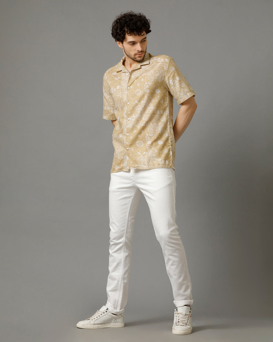 Voi Jeans Mens Beige Aop Regular Fit Shirt