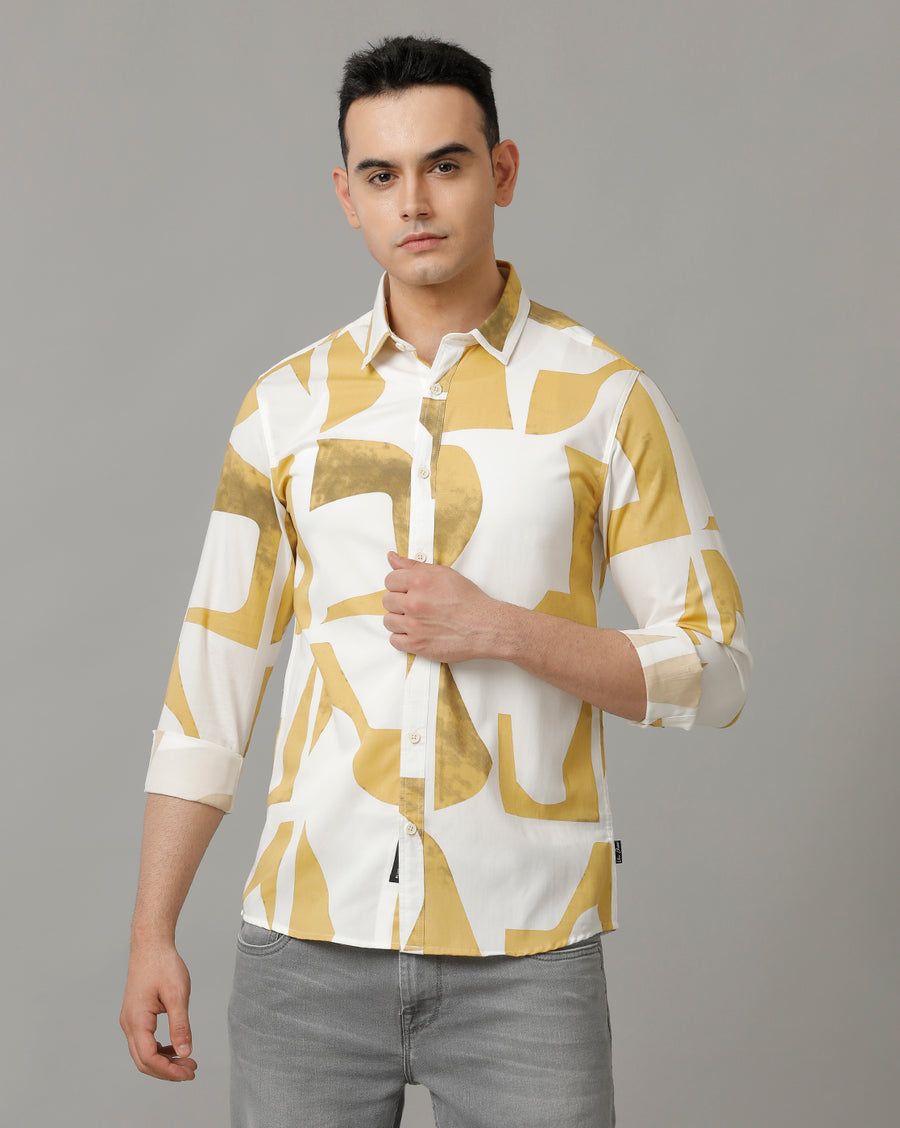 Men's Printed Slim Fit White Khaki Full Sleeve Shirt