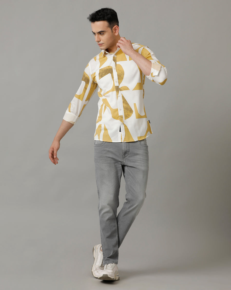 Men's Printed Slim Fit White Khaki Full Sleeve Shirt