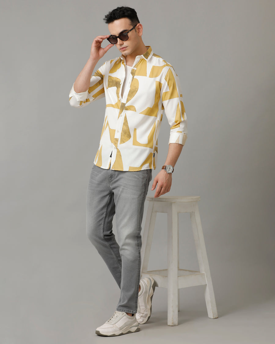 Men's Printed Slim Fit White Khaki Full Sleeve Shirt