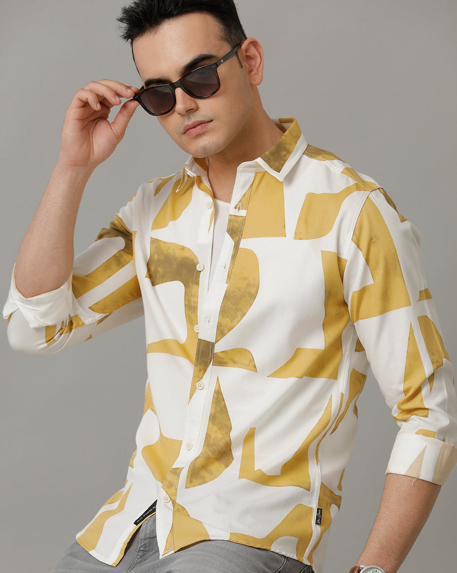 Men's Printed Slim Fit White Khaki Full Sleeve Shirt