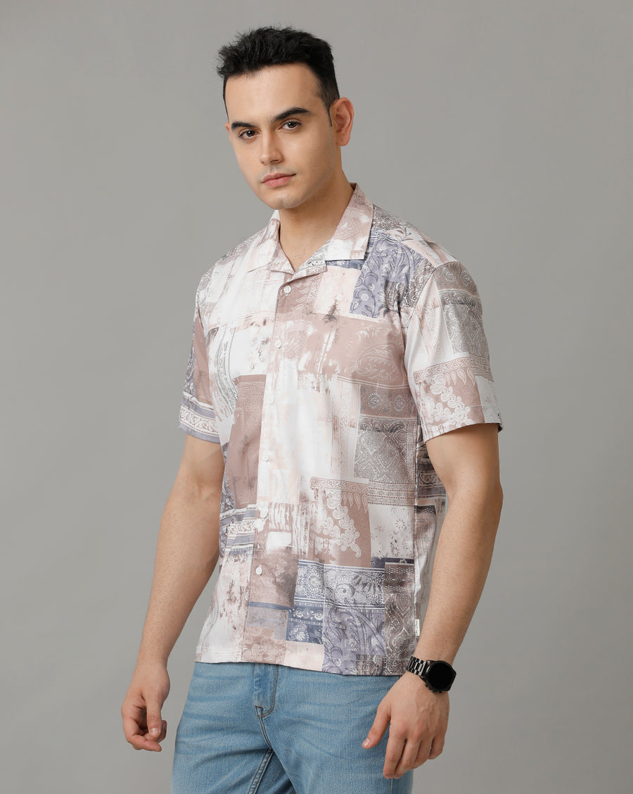 Men's BEIGE PAISLEY AOP Half Sleeve Poly Viscose Shirt