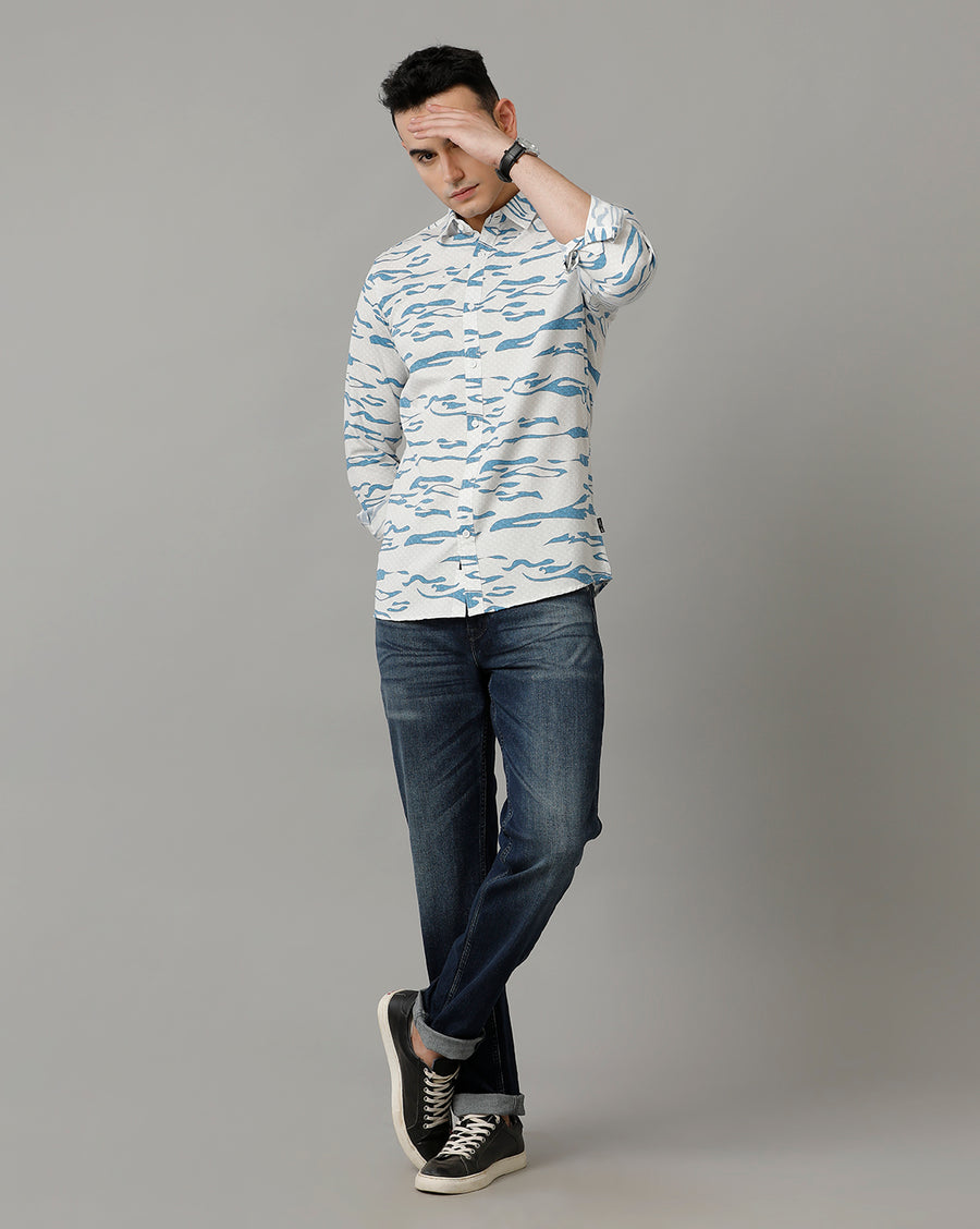 Voi Jeans Mens Off White Blue Slim Fit Shirt