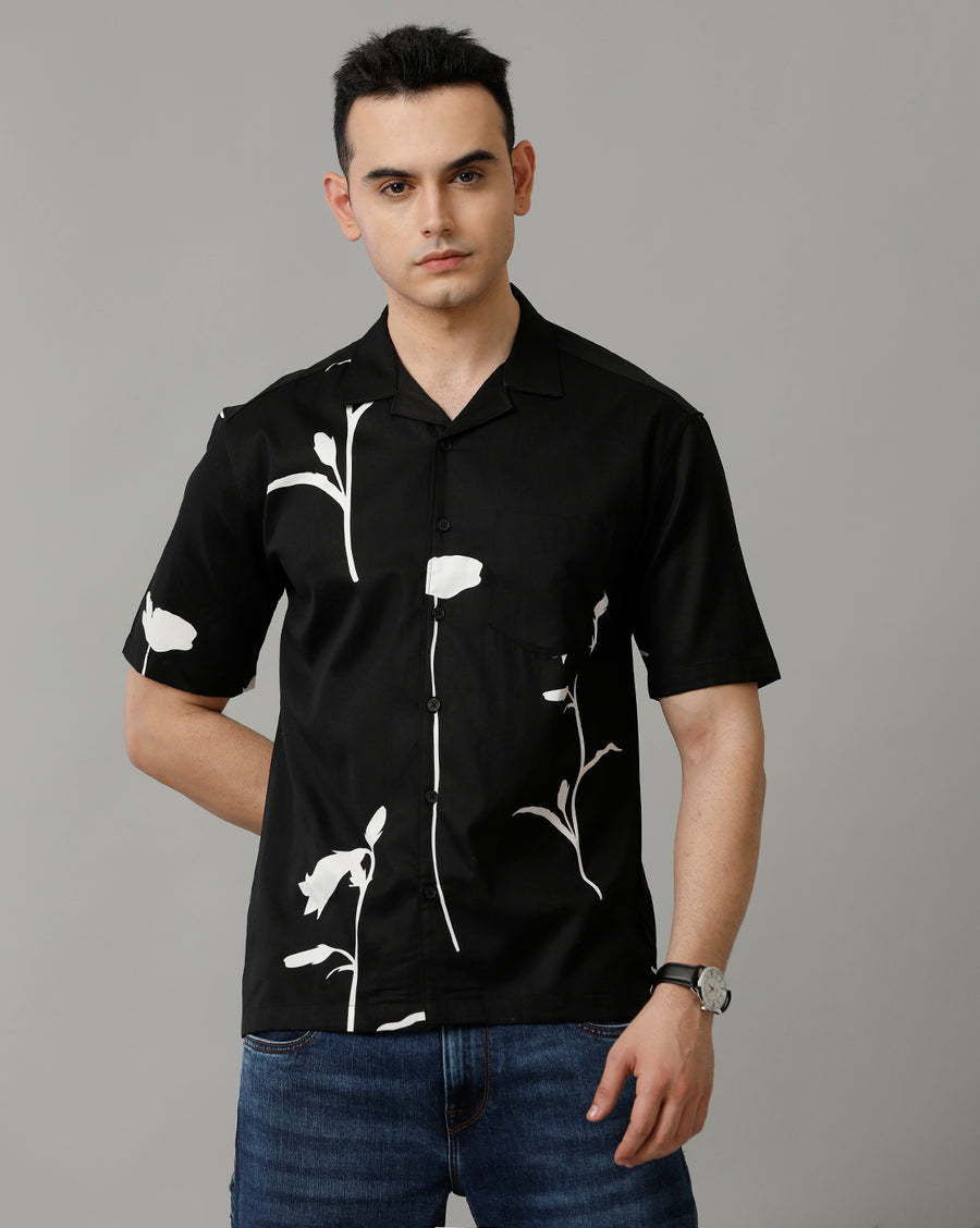 Men's Black White half Sleeve Printed Shirt