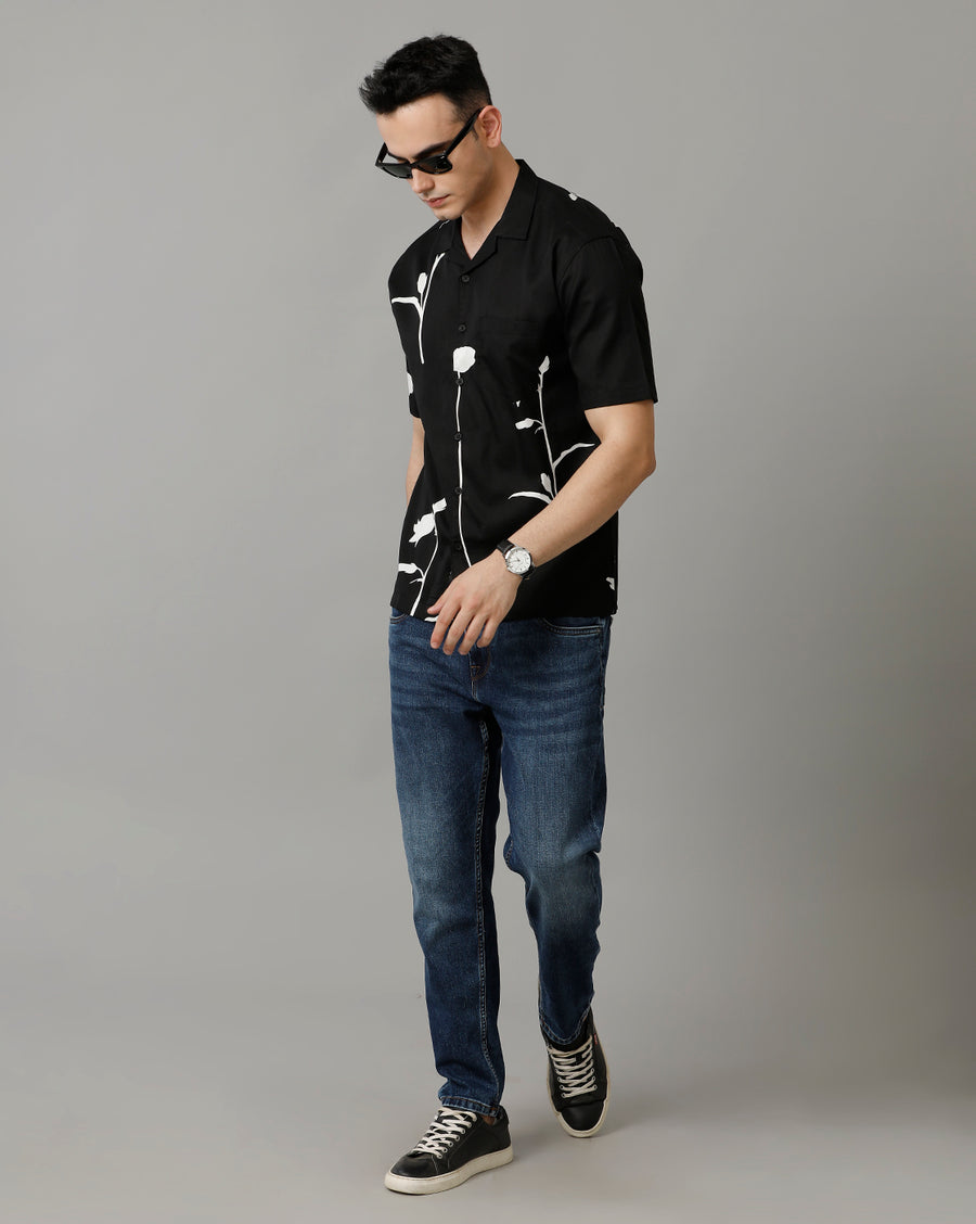 Men's Black White half Sleeve Printed Shirt