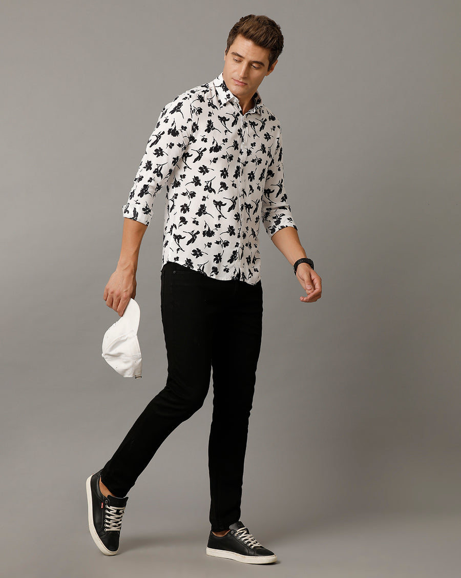 Voi Jeans Mens White Black Aop Slim Fit Shirt