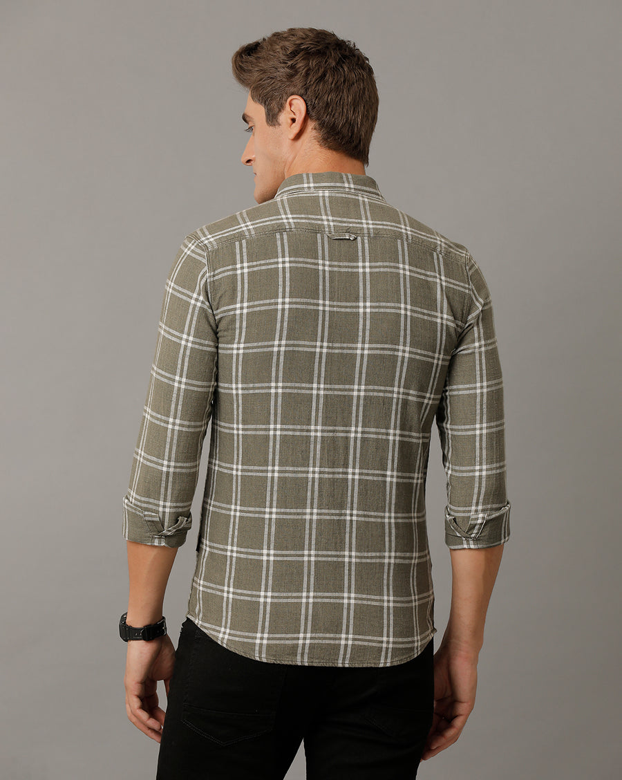 Voi Jeans Mens Olive Checks Slim Fit Shirt