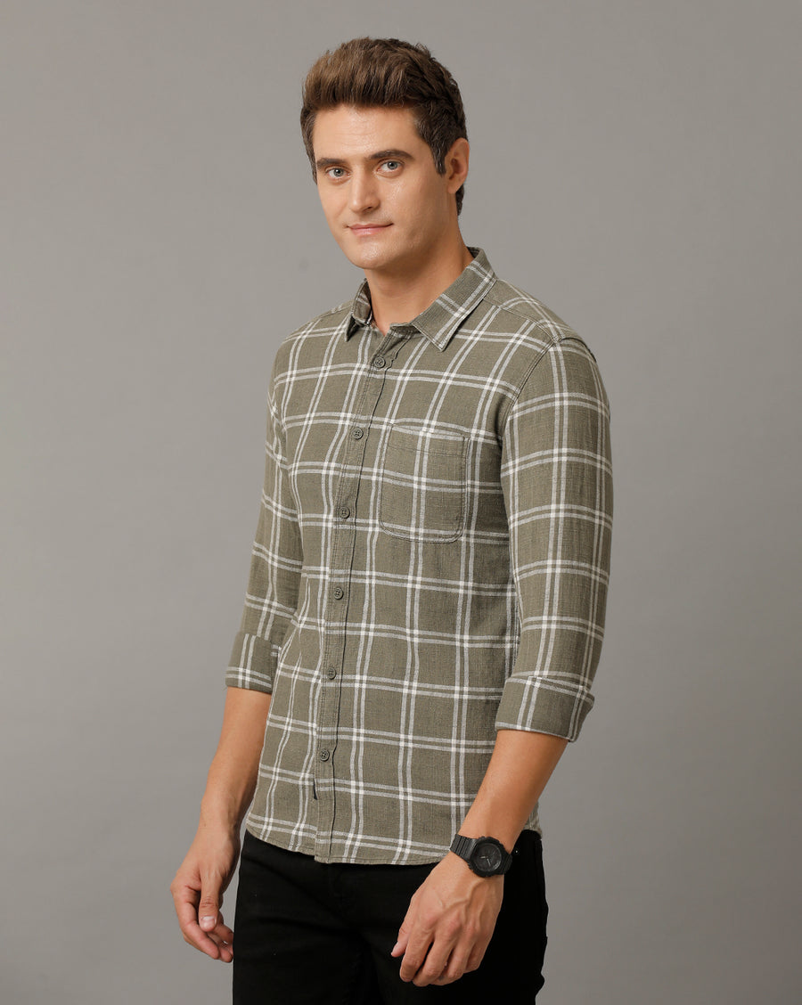 Voi Jeans Mens Olive Checks Slim Fit Shirt