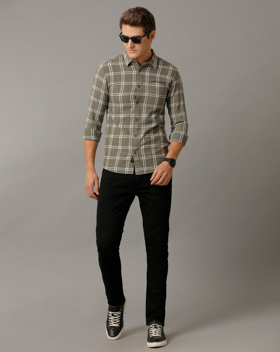 Voi Jeans Mens Olive Checks Slim Fit Shirt