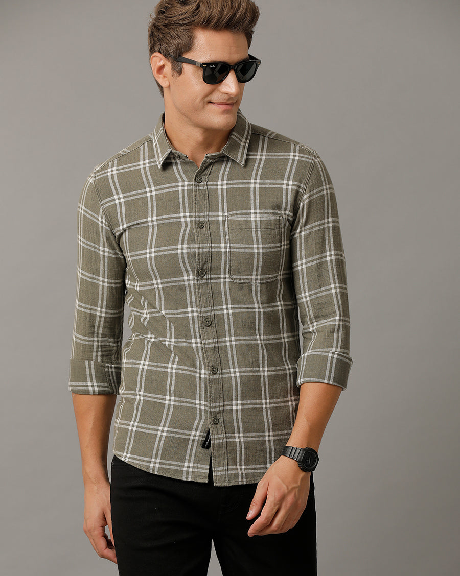 Voi Jeans Mens Olive Checks Slim Fit Shirt