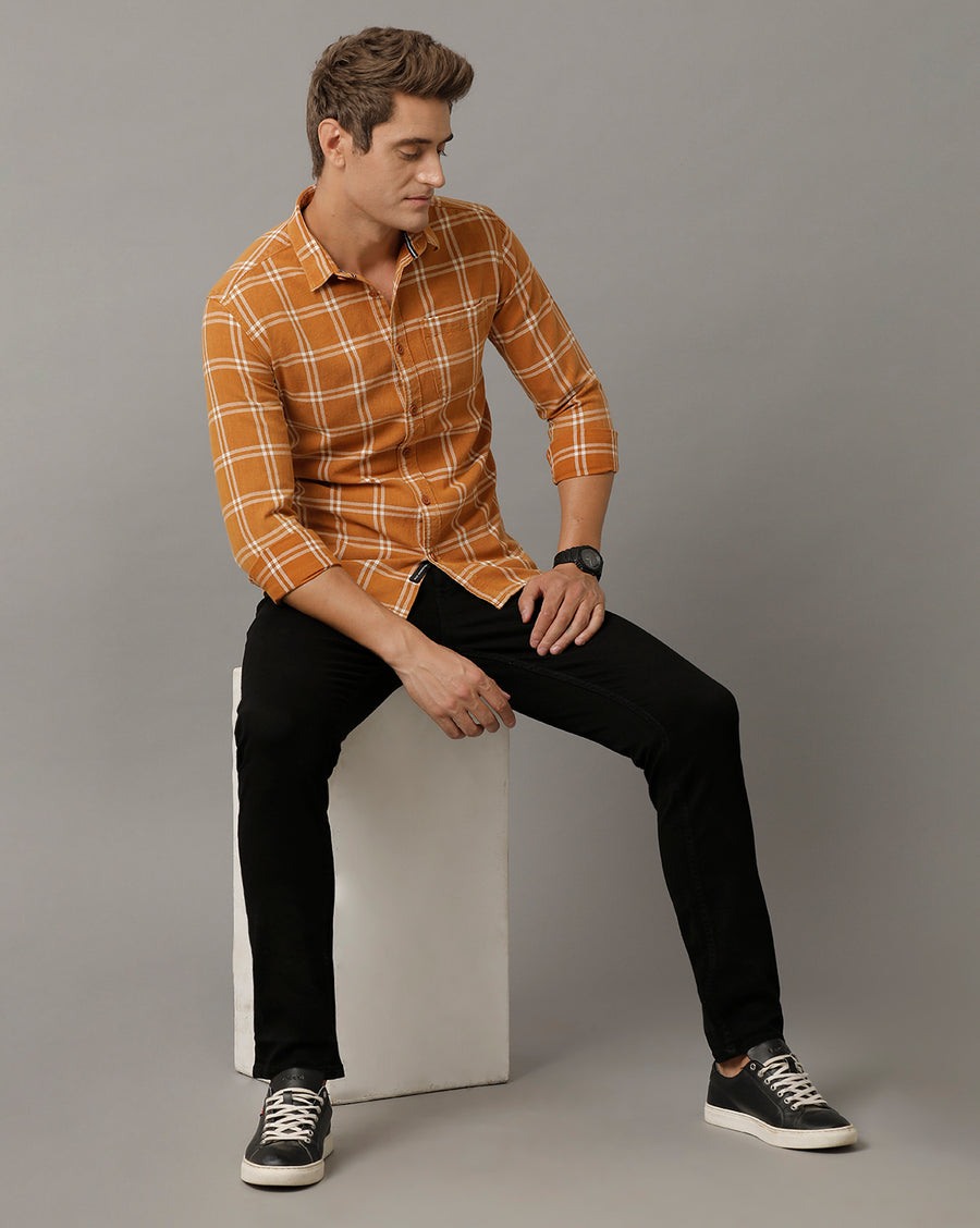 Voi Jeans Mens Mustard Checks Slim Fit Shirt