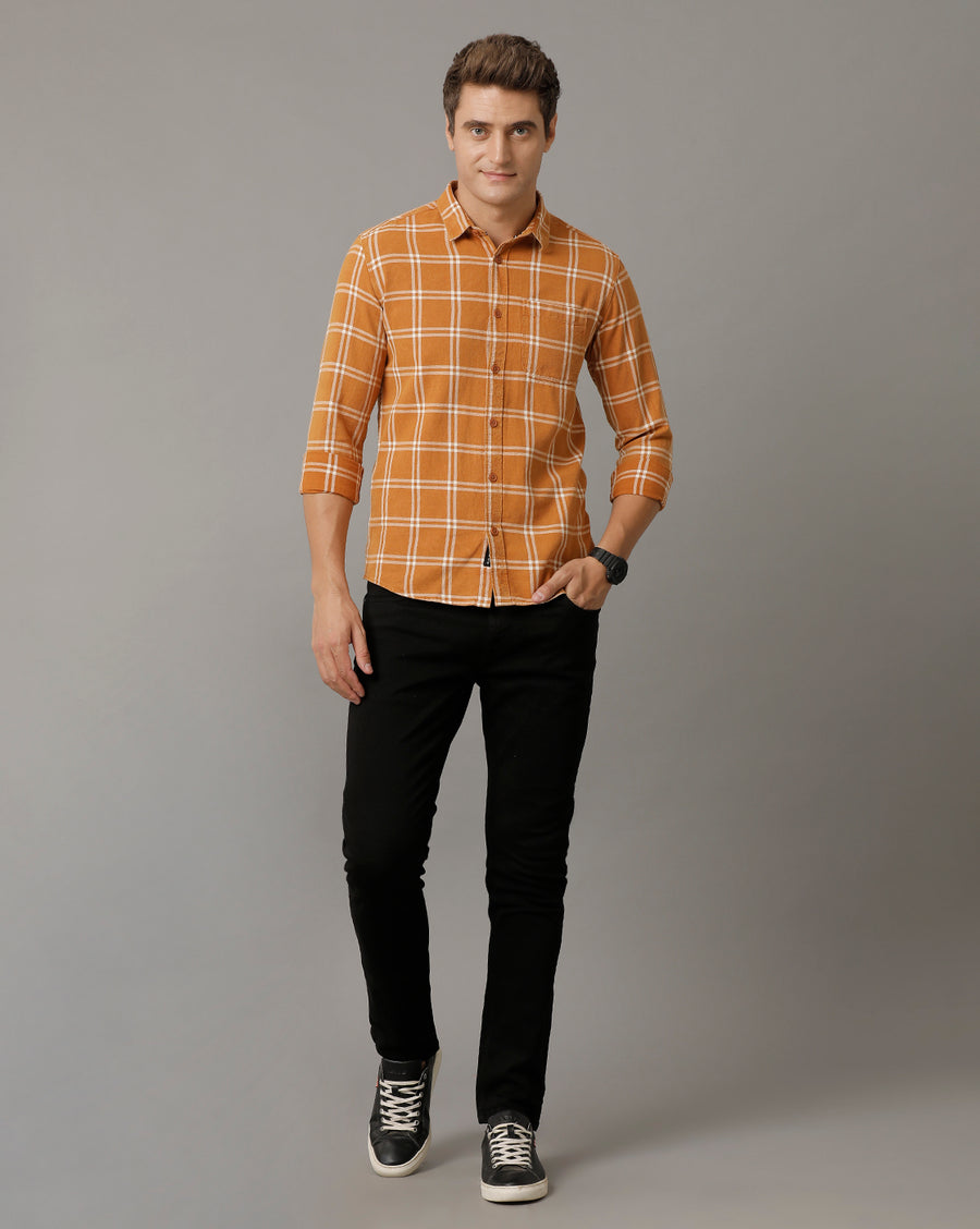 Voi Jeans Mens Mustard Checks Slim Fit Shirt