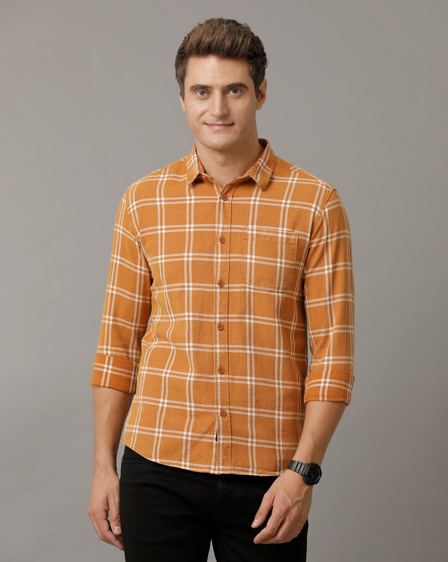 Voi Jeans Mens Mustard Checks Slim Fit Shirt