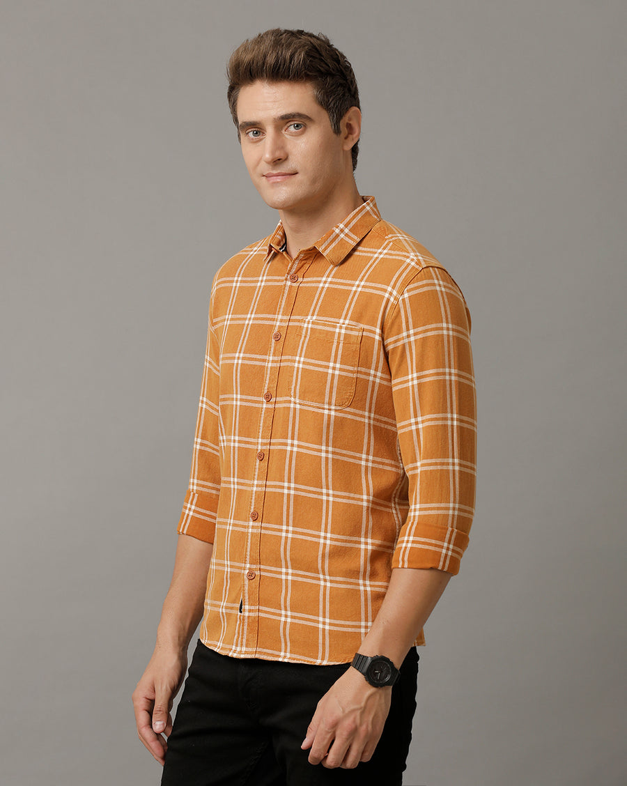 Voi Jeans Mens Mustard Checks Slim Fit Shirt