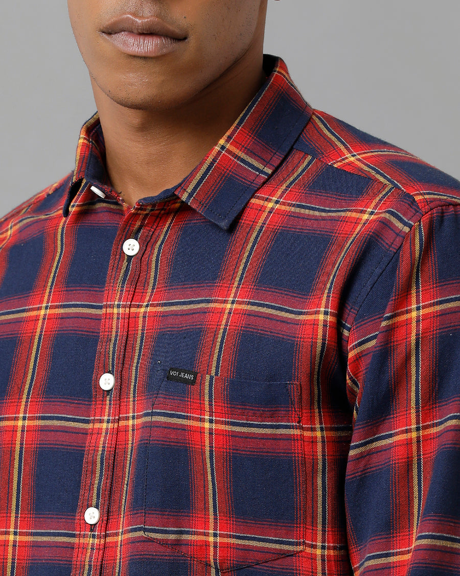 Voi Jeans Mens Red Checks Slim Fit Shirt