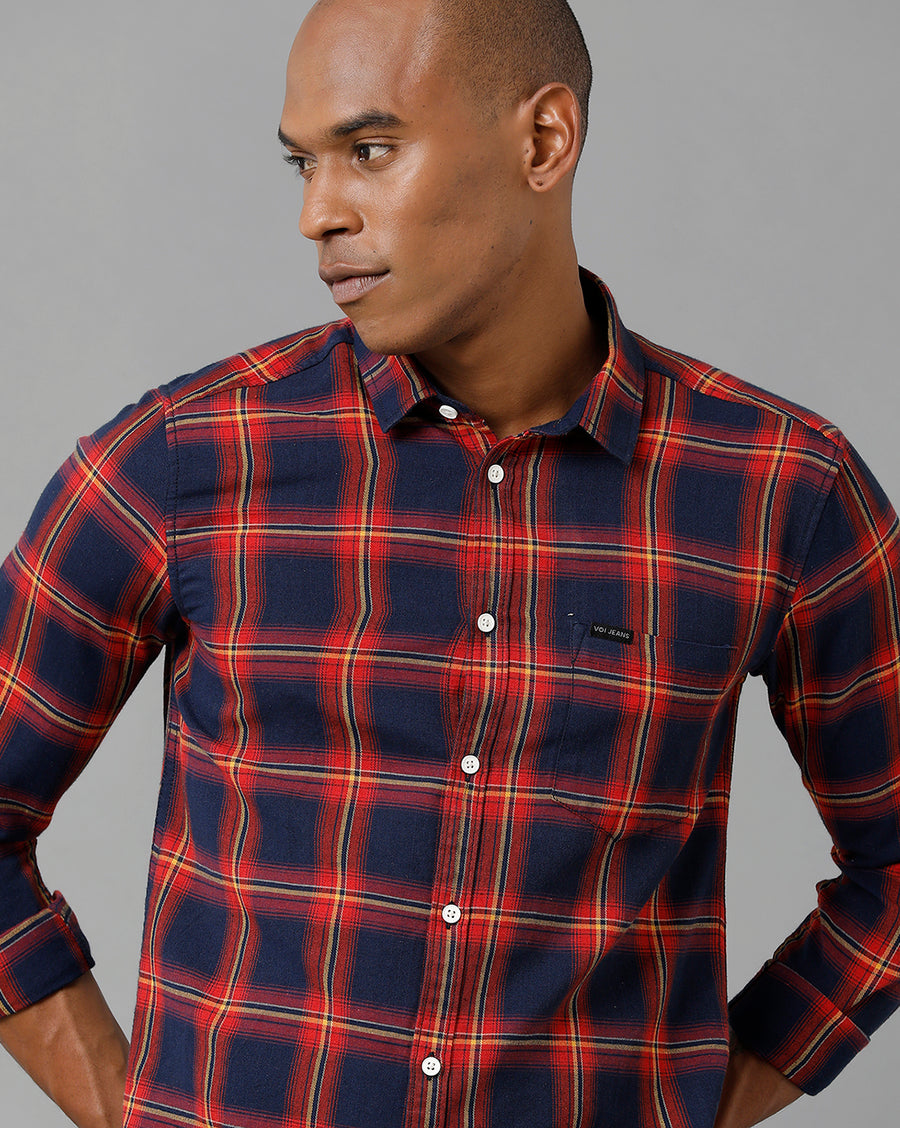 Voi Jeans Mens Red Checks Slim Fit Shirt