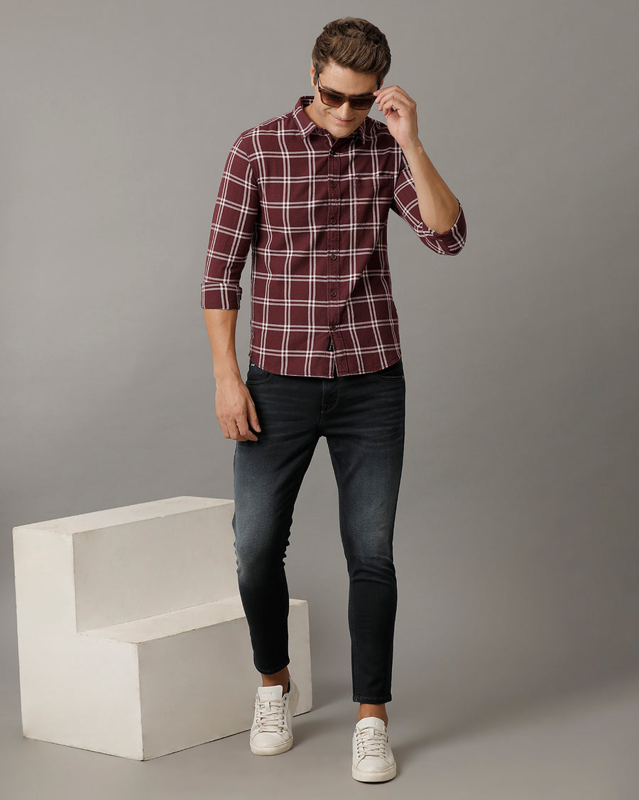 Voi Jeans Mens Brown Checks Slim Fit Shirt