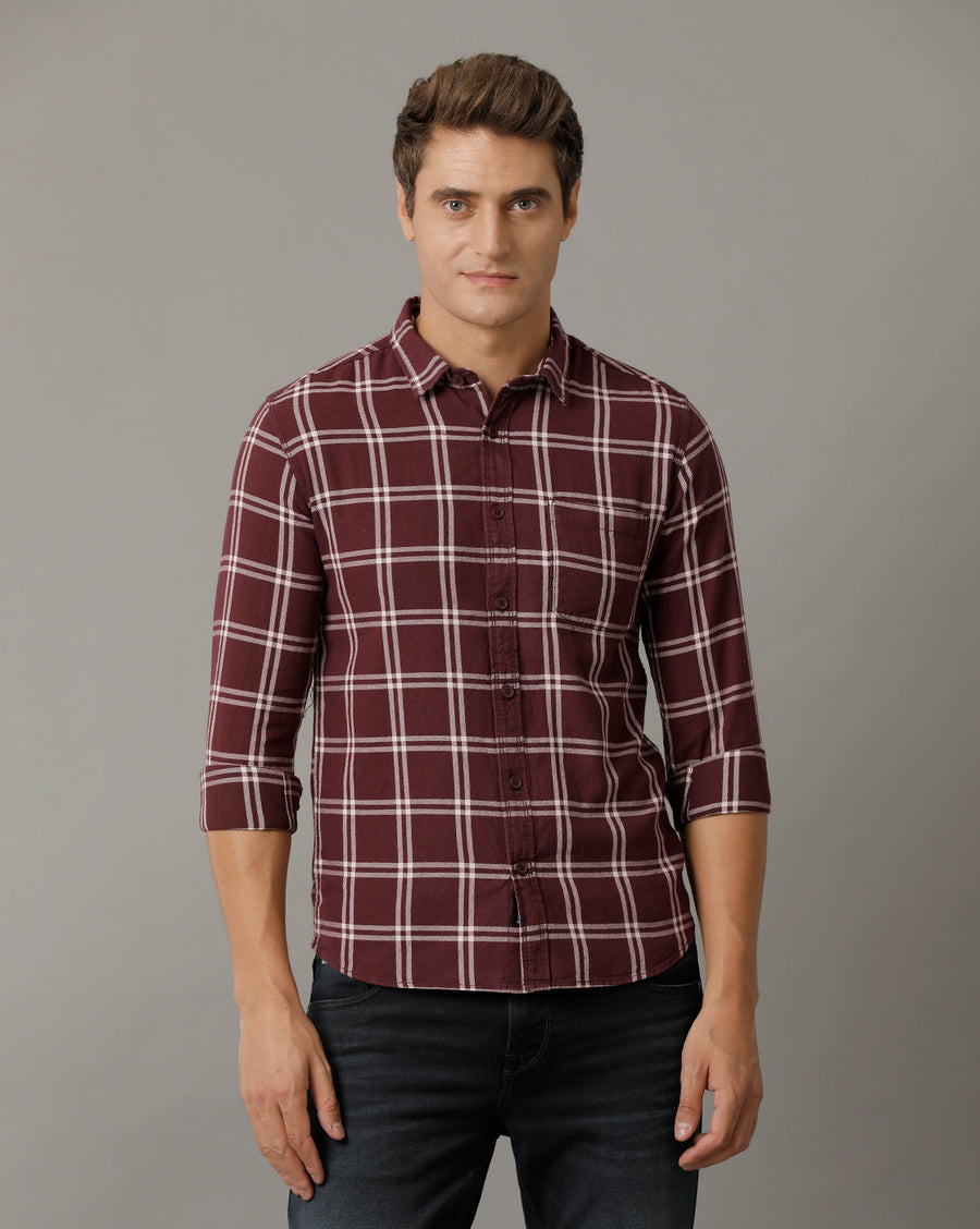 Voi Jeans Mens Brown Checks Slim Fit Shirt