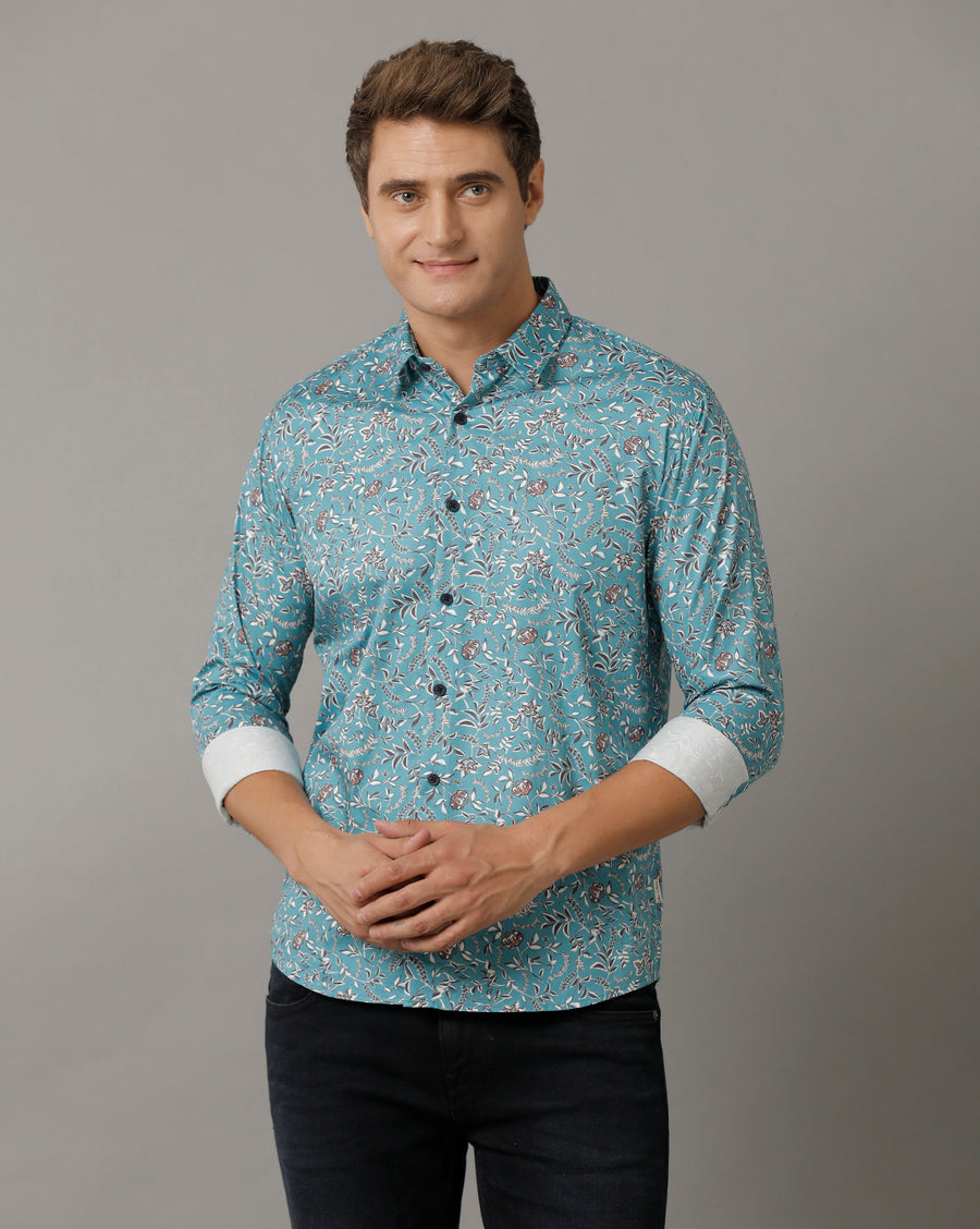 Voi Jeans Mens Teal Aop Regular Fit Shirt