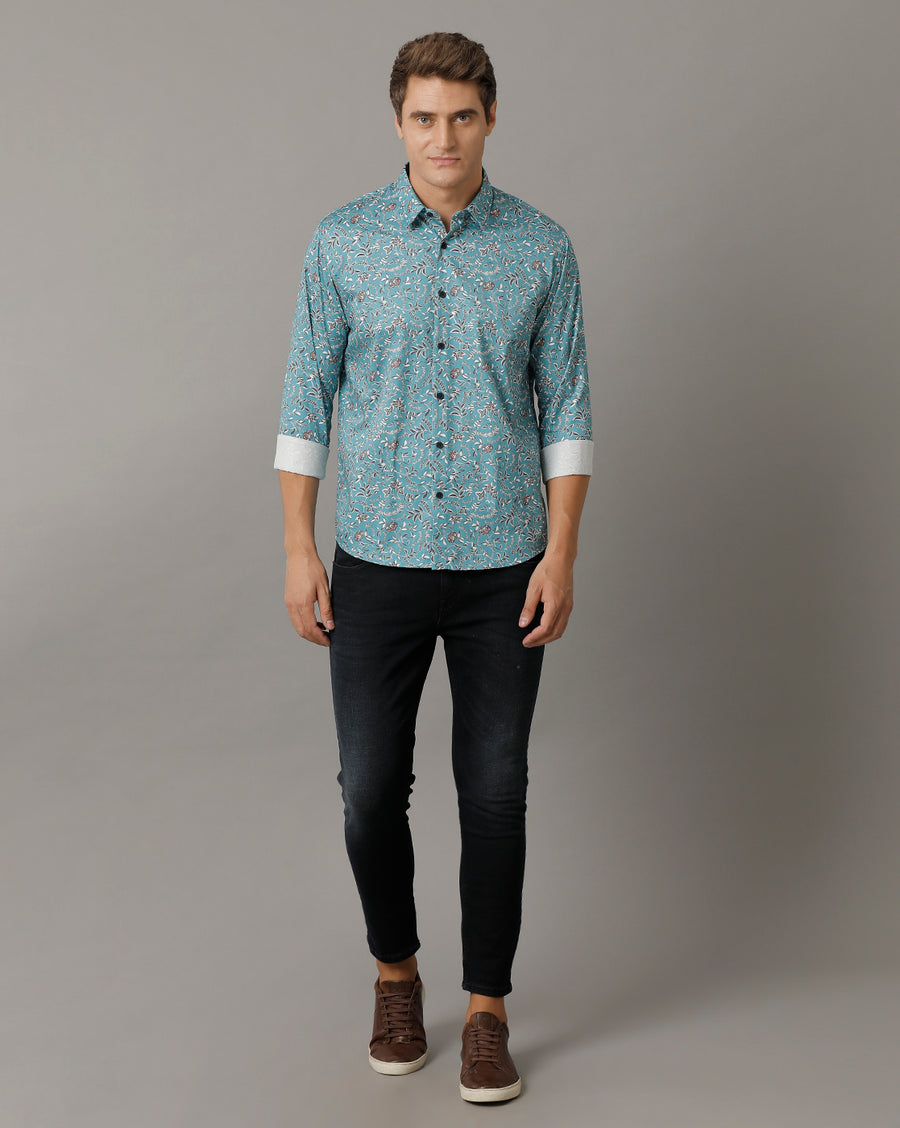 Voi Jeans Mens Teal Aop Regular Fit Shirt