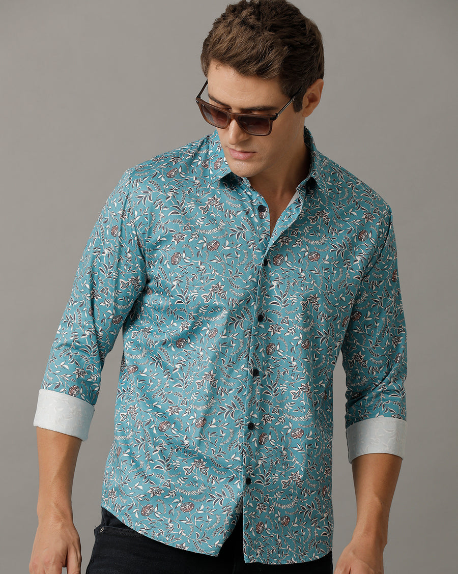 Voi Jeans Mens Teal Aop Regular Fit Shirt