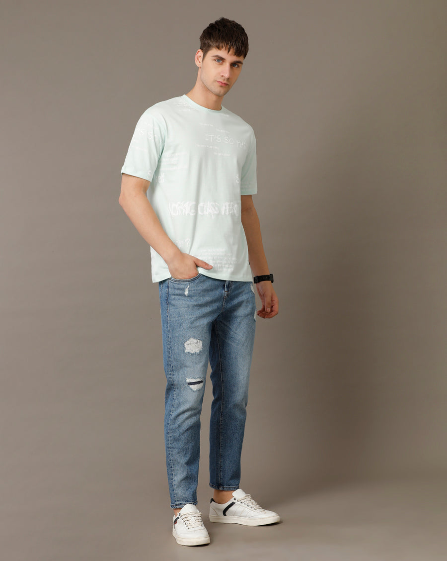 Voi Jeans Mens Opal Blue Boxy Fit Half Sleeve Cotton T-Shirt