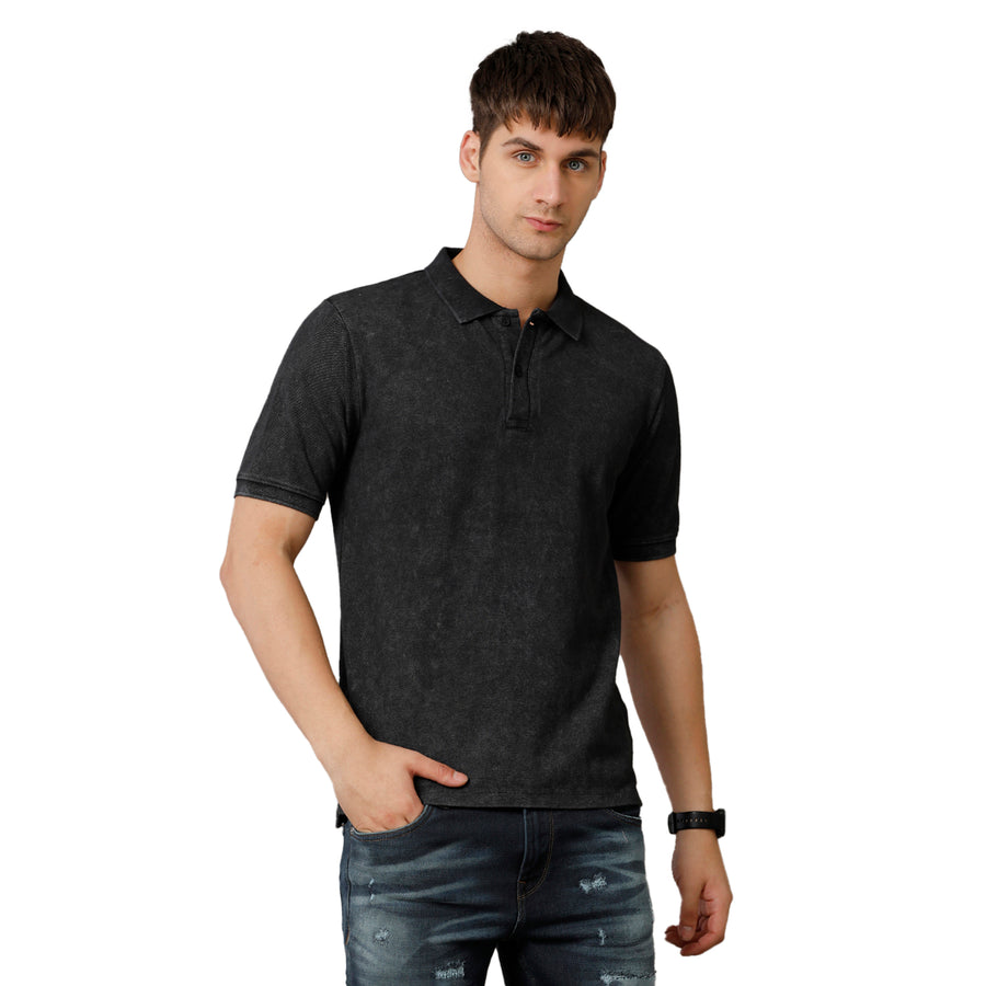 Voi Jeans Mens Jet Black Regular Fit Half Sleeve Cotton T-Shirt