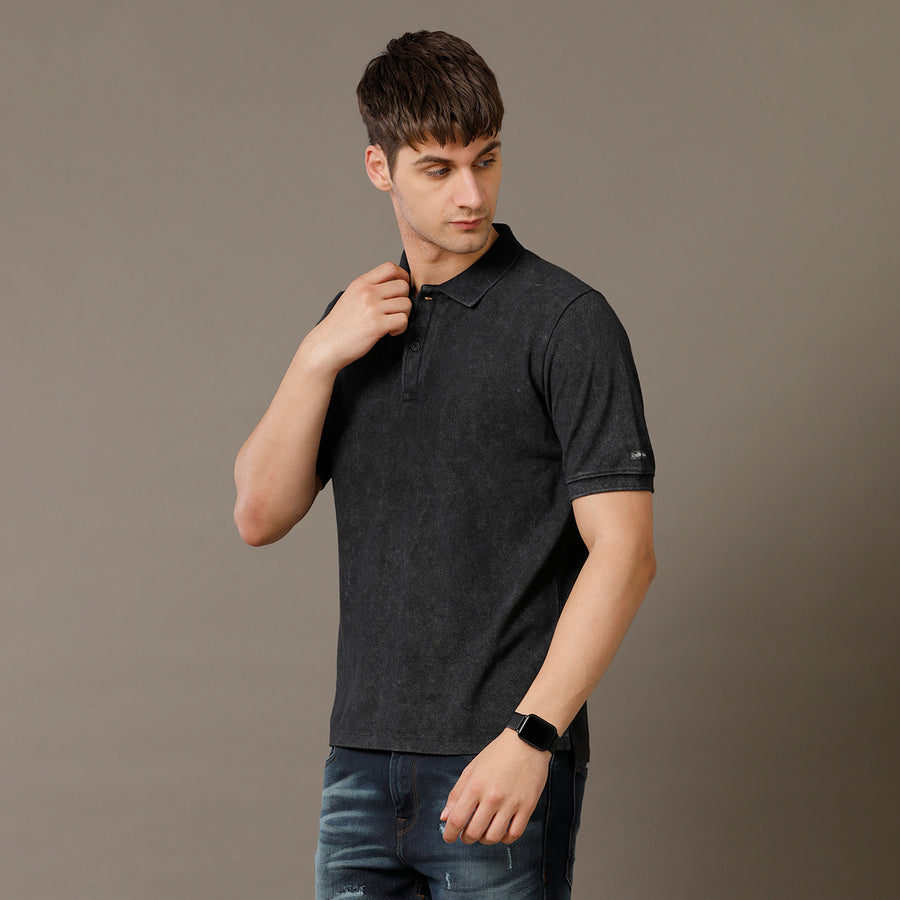 Voi Jeans Mens Jet Black Regular Fit Half Sleeve Cotton T-Shirt