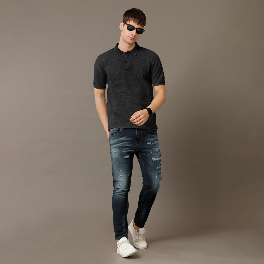 Voi Jeans Mens Jet Black Regular Fit Half Sleeve Cotton T-Shirt