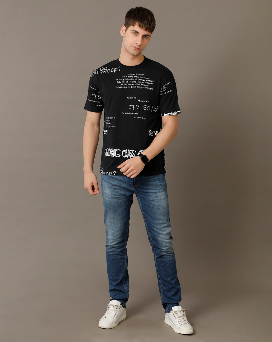 Voi Jeans Mens Jet Black Boxy Fit Cotton T-Shirt