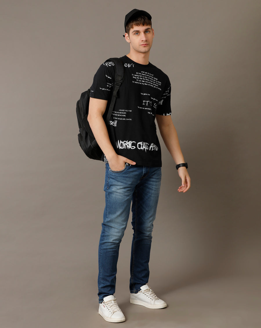 Voi Jeans Mens Jet Black Boxy Fit Cotton T-Shirt