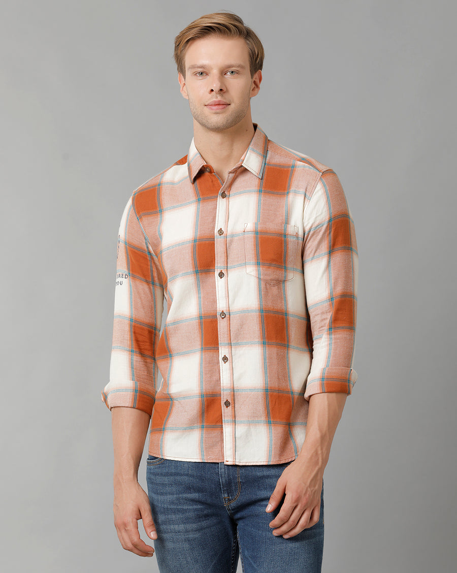 Voi Jeans Mens Off White With Red Checks Slim Fit Shirt